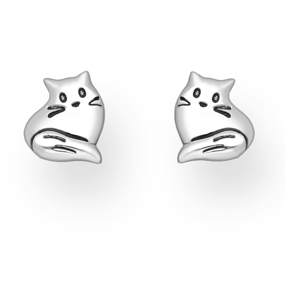 Sterling Silver Cute Cat Stud Earrings